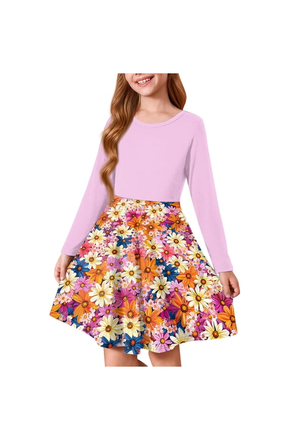 Long Sleeve Dress for Girls 10-12 Casual A-Line Fall Tshirt Dress Daisy Floral Print Crew Neck Girls Skater Dress Summer Swing Dresses for 4-14t Kids 5-6 Years,Pink