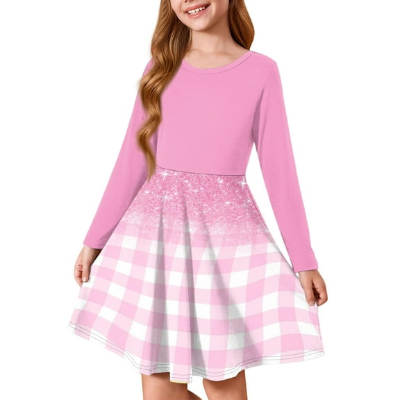 Abcomgle Long Sleeve Dress for Girls Casual A-Line Fall Girls T-Shirt Dresses Plaid Colorblock Crew Neck Girls Skater Dress Holiday Swing Dresses for 4-14t Kids 9-10 Years,Pink