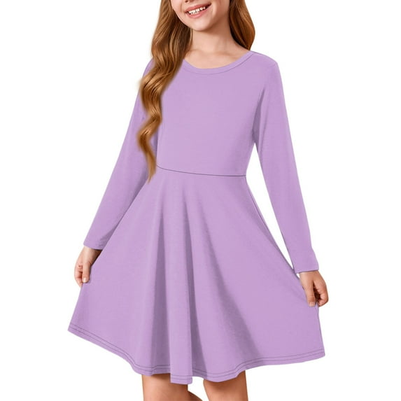Abcomgle Long Sleeve Dress for Girls 14-16 Casual A-Line Fall Girls T-Shirt Dresses Solid Crew Neck Girls Skater Dress Loose Swing Dresses for 4-14t Kids 13-14 Years,Light Purple