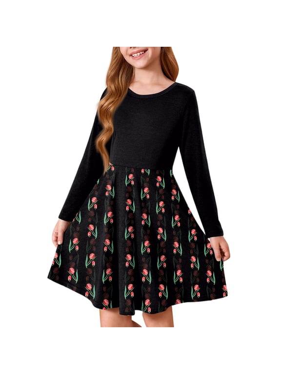 Long Sleeve Dress for Girls 14-16 Casual A-Line Fall Tshirt Dress Polka Dot Crew Neck Girls Skater Dress Swing Dresses for 4-14t Kids 11-12 Years,Black