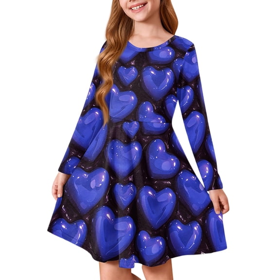 Abcomgle Long Sleeve Dress Girls 7-8 Love Heart Valentines Dress Clothes for Girls Cute A-Line Long Sleeve T Shirt Dresses for Girls Holiday Crewneck Swing Dresses for Girls,