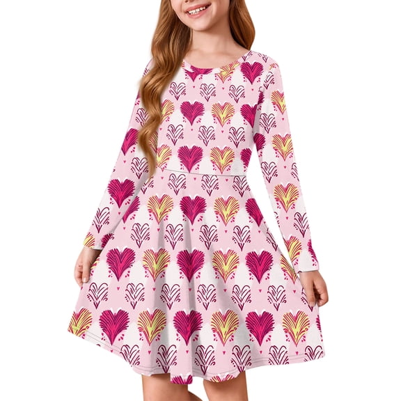 Abcomgle Long Sleeve Dress Girls 7-8 Love Heart Valentines Midi Dress for Girls Cute A-Line Long Sleeve Dress Outfits Holiday Crewneck Swing Dress Clothes for Girls,