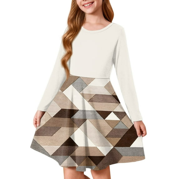 Abcomgle Long Sleeve Dress for Girls 10-12 Casual A-Line Fall Girls T-Shirt Dresses Striped Colorblock Crew Neck Girls Skater Dress Swing Dresses for 4-14t Kids 7-8 Years,Beige
