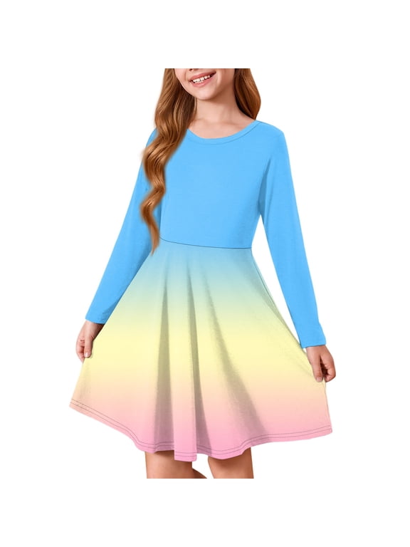 Long Sleeve Dress for Girls Casual A-Line Fall Tshirt Dress Gradient Crew Neck Girls Skater Dress Swing Flare Dresses for 4-14t Kids 5-6 Years,Light Blue