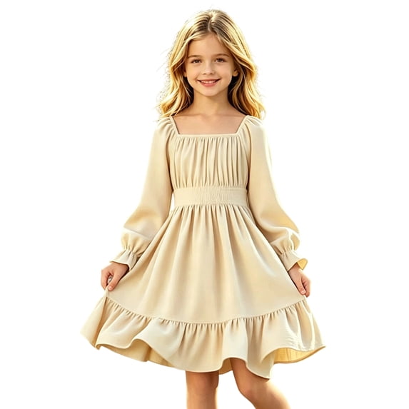 Abcomgle Long Sleeve Dress girls 10-12 for Girls Pleated Smocked Lantern Sleeve Dresses Casual Square Neck A-Line Midi Dress Elegant Flowy Tiered Beach Sundress