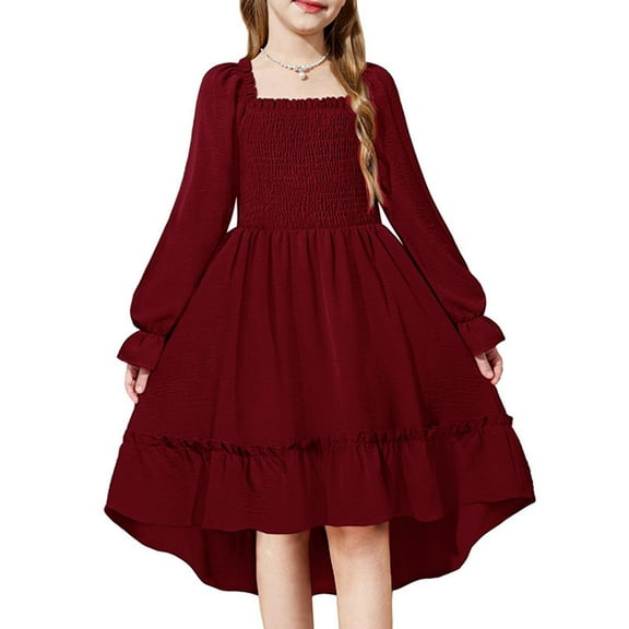 Abcomgle Long Sleeve Dress girls 10-12 High Low Smocked Puff Sleeve Dress Cute Square Neck Sundresses Tiered Swing Dresses.7-8 Years