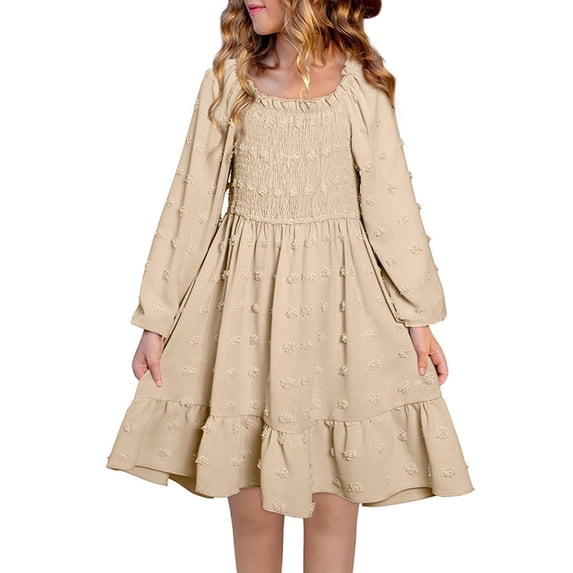 Abcomgle Long Sleeve Dress girls 10-12 Polka Dots Smocked Puff Sleeve Dress Cute Square Neck Sundresses Church Tiered Skirt.9-10 Years