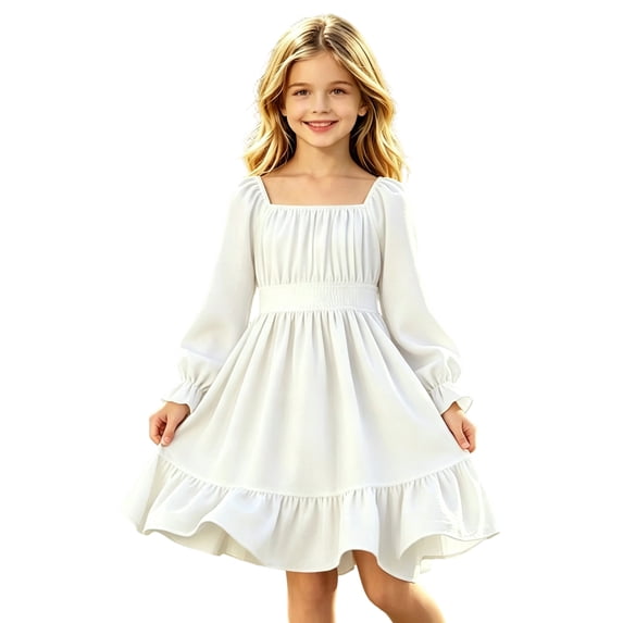 Abcomgle Long Sleeve Dress girls 7-8 Pleated Smocked Lantern Sleeve Dresses Casual Square Neck A-Line Sundress Elegant Flowy Tiered Beach Midi Dress