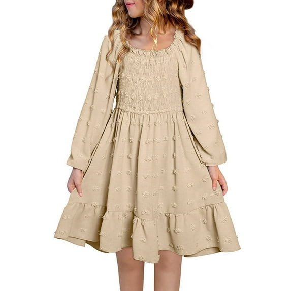Abcomgle Girls Long Sleeve Dresses 10-12 Polka Dots Smocked Puff Sleeve Girls Midi Dresses Cute Square Neck Sundresses Summer Tiered Dresses.9-10 Years