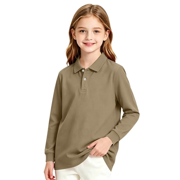 Abcomgle Long Sleeve Polo Shirts for Girls Button Down Pique Polo Shirt with Collar Moisture-Wicking Lightweight School Uniform Shirts for Girls