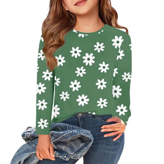 Abcomgle Long Sleeve Shirts for Girls 10-12 Casual Daisy Flower Print Crewneck T-Shirts for Girls Winter Basic Top for Girls Cute Girls Blouses 9-10 Years,Mint Green