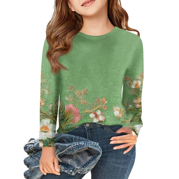 Abcomgle Long Sleeve Shirts for Girls 10-12 Casual Vintage Floral Print Crewneck Tee for Girls Spring Basic Top for Girls Cotton Girls Tunic Tops,2-3Years,Green
