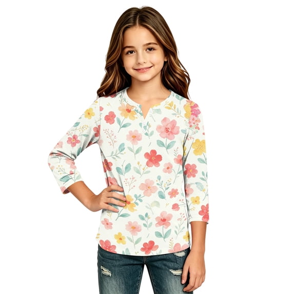 Abcomgle Long Sleeve Shirts for Girls 10-12 Casual Watercolor Floral Print Henley Button T Shirts for Girls Winter Basic Top for Girls Loose Girls Blouses