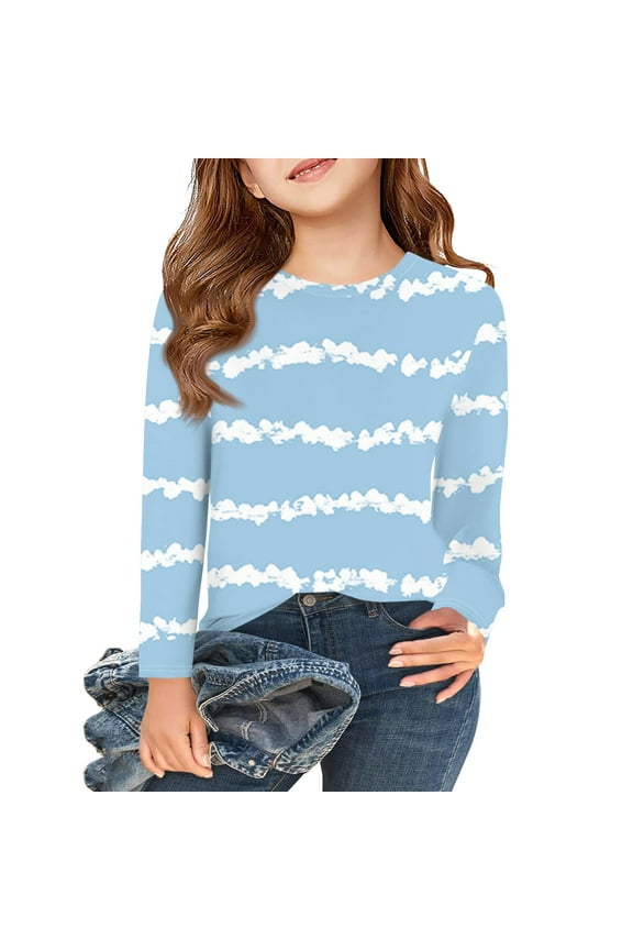 Long Sleeve Shirts for Girls 10-12 Crewneck Fall Shirts for Girls Casual Basic Girls Tops Cute Striped Colorblock Girls Sweatshirts 8-9 Years,Blue