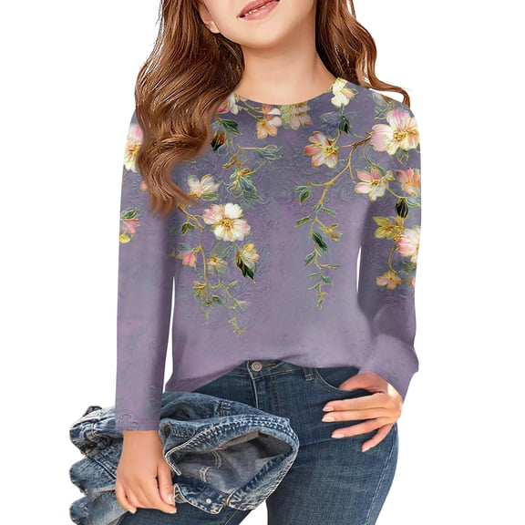 Abcomgle Long Sleeve Shirts for Girls 10-12 Crewneck Spring T Shirts for Girls Trendy Basic Girls Tops Cute Vintage Floral Print Blouses for Girls,4-5Years,Light Purple