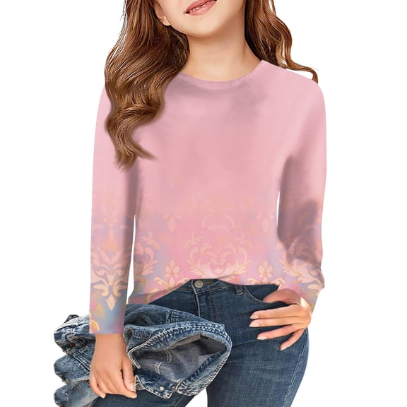 Abcomgle Long Sleeve Shirts for Girls 10-12 Crewneck Winter Shirts for Kids Girls Trendy Basic Girls Tops Cotton Vintage Floral Print Girls Blouses,8-9Years,Light pink