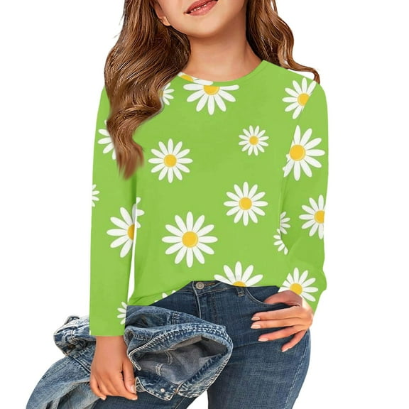 Abcomgle Long Sleeve Shirts for Girls 10-12 Crewneck Winter T-Shirts for Kids Girls Casual Basic Girls Tops Loose Daisy Flower Print Girls Blouses 9-10 Years,Green