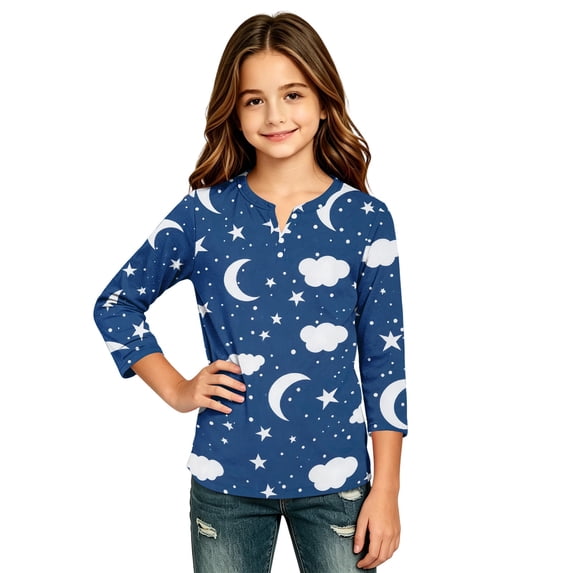 Abcomgle Long Sleeve Shirts for Girls 10-12 Henley Button Fall Shirts for Kids Girls Casual Basic Girls Tops Trendy Star&Moon Graphic Blouses for Girls