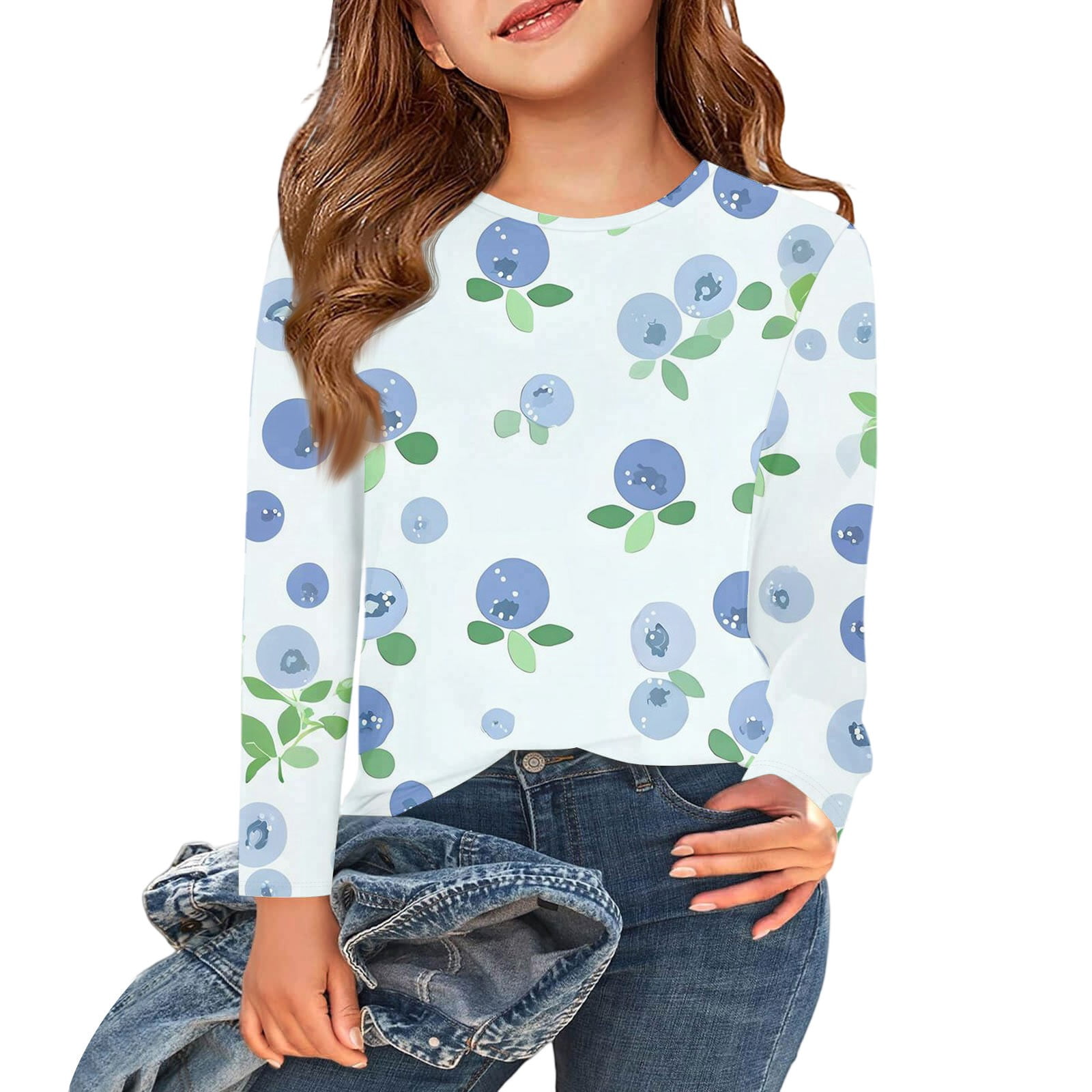 Fall Basic B Abcomgle Long Sleeve Shirts for Girls 7-8 Casual Blueberry Graphic ...