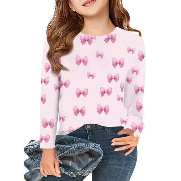 Abcomgle Long Sleeve Shirts for Girls 7-8 Casual Bownot Graphic Crewneck T-Shirts for Kids Girls Winter Basic Girls Tops Cute Girls Tunic Tops 8-9 Years,Pink