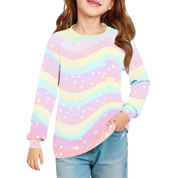 Abcomgle Long Sleeve Shirts for Girls 7-8 Casual Rainbow Striped Crewneck Tshirts for Girls Winter Basic Top for Girls Cute Girls Sweatshirts with Pocket