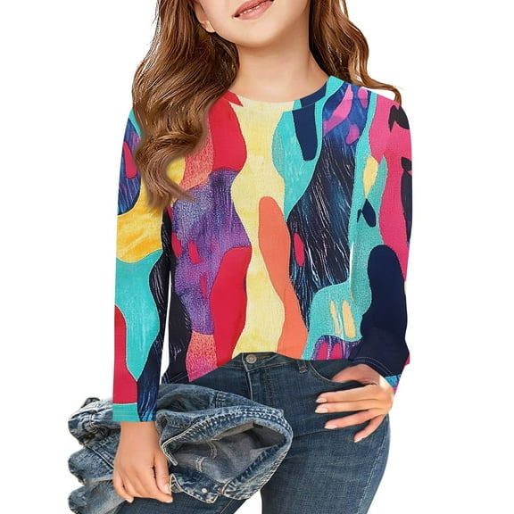 Abcomgle Long Sleeve Shirts for Girls 7-8 Casual Tie Dye Crewneck Tshirts for Girls Winter Basic Top for Girls Trendy Girls Sweatshirts 6-7 Years,Yellow