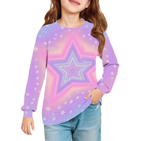 Abcomgle Long Sleeve Shirts for Girls 7-8 Crewneck Winter T Shirts for Girls Casual Basic Top for Girls Trendy Stars Graphic Blouses for Girls with Pocket