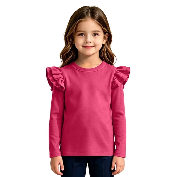 Abcomgle Long Sleeve Shirts for Girls 7-8 Double Layer Ruffle Sleeve Crewneck Winter T Shirts for Girls Casual Basic Top for Girls Trendy Solid Color Blouses for Girls