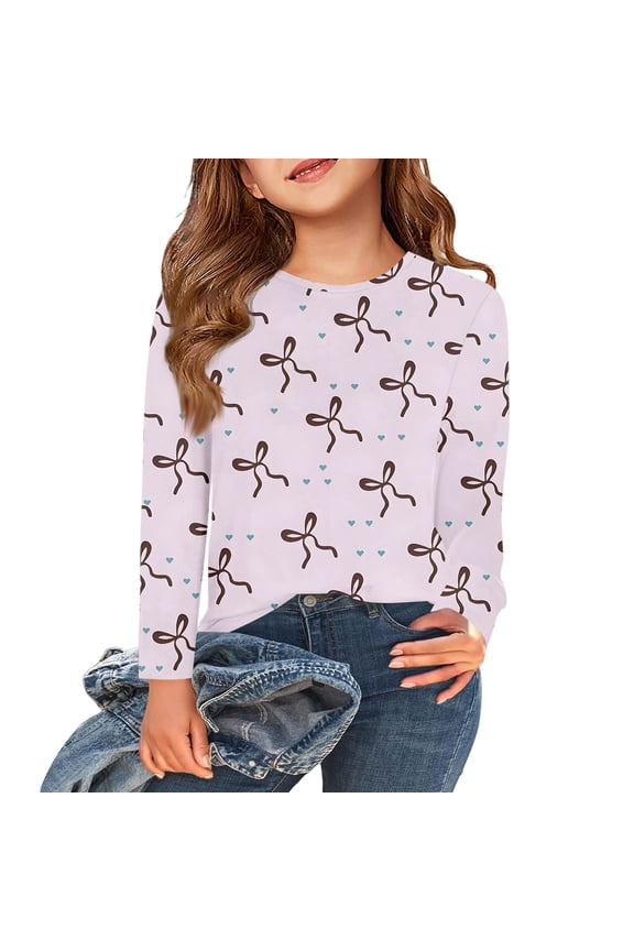 Long Sleeve Shirts for Girls 7-8 Trendy Bow Graphic Crewneck Tee for Girls Winter Basic Girls Tops Loose Girls Tunic Tops 11-12 Years,Light Purple