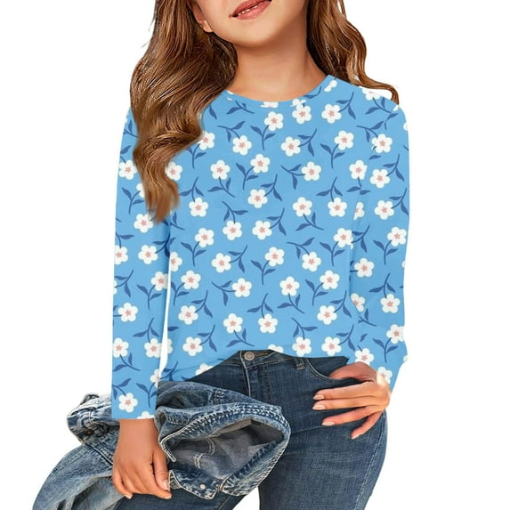 Abcomgle Long Sleeve Shirts for Girls 7-8 Trendy Floral Print Crewneck T-Shirts for Kids Girls Fall Basic Top for Girls Cotton Girls Tunic Tops 9-10 Years,Light Blue