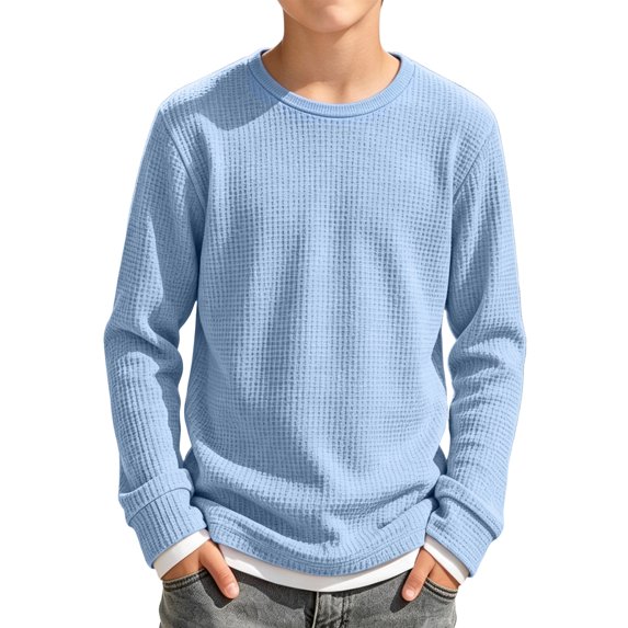 Abcomgle Long Sleeve Shirts for Boys 10-12 Crewneck Winter T-Shirts for Boys Waffle Basic Top for Boys Loose Fake Two Piece Layering for Boys