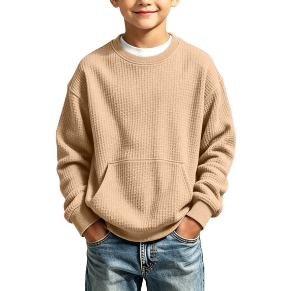 Abcomgle Long Sleeve Shirts for Boys 7-8 Waffle Crewneck Tee for Boys Fall Basic Top for Boys Knitted Boys Shirts with Pocket