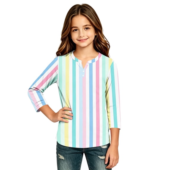 Abcomgle Long Sleeve Shirts for Girls 10-12 Casual Rainbow Striped Henley Button Shirts for Kids Girls Fall Basic Girls Tops Cute Girls Tunic Tops