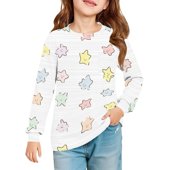 Abcomgle Long Sleeve Shirts for Girls 10-12 Casual Stars Graphic Crewneck Tee for Girls Fall Basic Girls Tops Cotton Blouses for Girls with Pocket