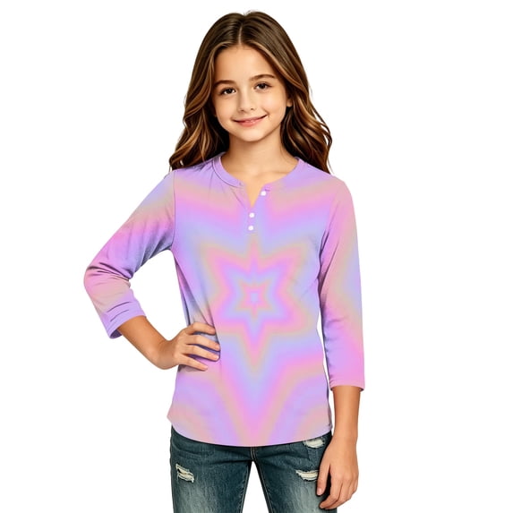 Abcomgle Long Sleeve Shirts for Girls 10-12 Henley Button Winter Shirts for Girls Casual Basic Girls Tops Cute Stars Graphic Girls Tunic Tops
