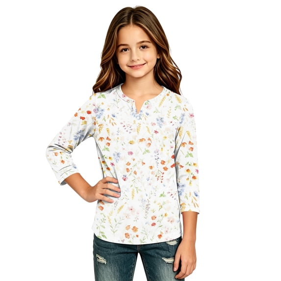 Abcomgle Long Sleeve Shirts for Girls 10-12 Henley Button Winter Tee for Girls Trendy Basic Top for Girls Cotton Floral Print Blouses for Girls