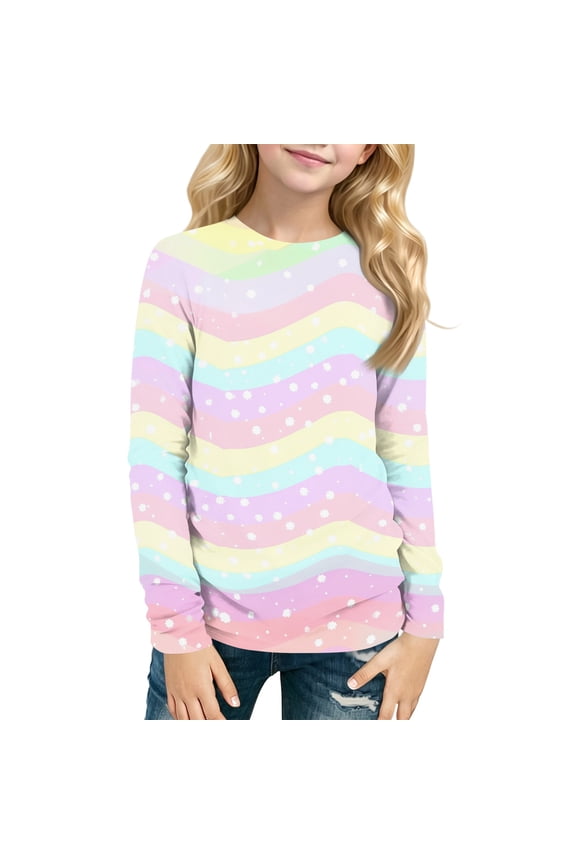 Long Sleeve Shirts for Girls 10-12 Trendy Rainbow Striped Crewneck Tee for Girls Winter Basic Girls Tops Loose Girls Blouses