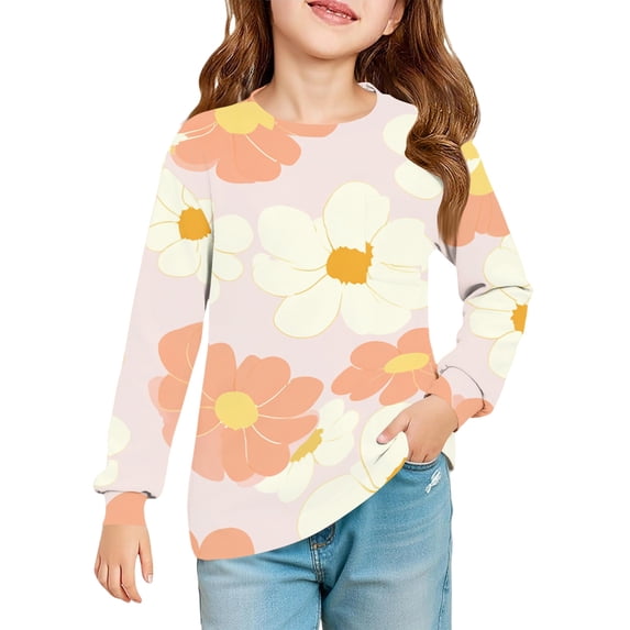 Abcomgle Long Sleeve Shirts for Girls 7-8 Crewneck Fall Tee for Girls Trendy Basic Girls Tops Cute Floral Print Girls Blouses with Pocket