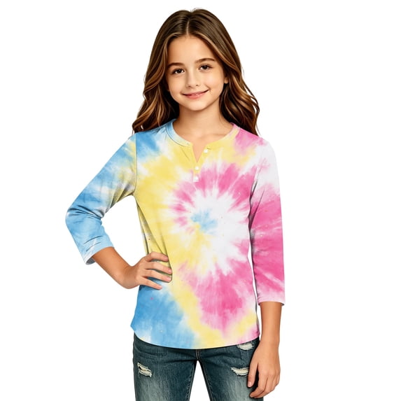 Abcomgle Long Sleeve Shirts for Girls 7-8 Henley Button Fall Tshirts for Girls Casual Basic Top for Girls Trendy Tie Dye Girls Sweatshirts