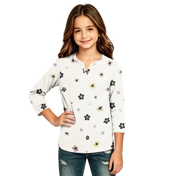 Abcomgle Long Sleeve T Shirts for Girls 10-12 Casual Floral Print Henley Button T-Shirts for Kids Girls Winter Basic Girls Tops Cotton Blouses for Girls