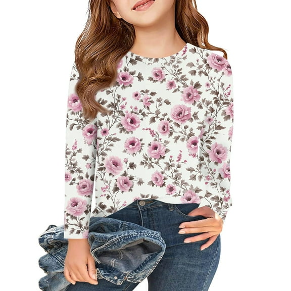 Abcomgle Long Sleeve T Shirts for Girls 10-12 Crewneck Winter Tee for Girls Trendy Basic Top for Girls Loose Floral Print Girls Sweatshirts 4-5 Years,Pink