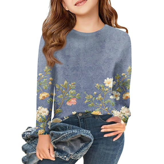 Abcomgle Long Sleeve T Shirts for Girls 10-12 Crewneck Winter Tshirts for Girls Casual Basic Girls Tops Cotton Vintage Floral Print Blouses for Girls,3-4Years,Light Purple