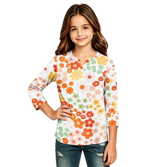 Abcomgle Long Sleeve T Shirts for Girls 10-12 Trendy Floral Print Henley Button Shirts for Kids Girls Winter Basic Top for Girls Cute Girls Tunic Tops