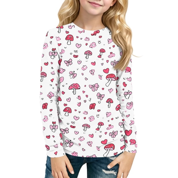 Abcomgle Long Sleeve T Shirts for Girls 10-12 Trendy Mushroom Graphic Crewneck Shirts for Kids Girls Winter Basic Top for Girls Cotton Girls Tunic Tops