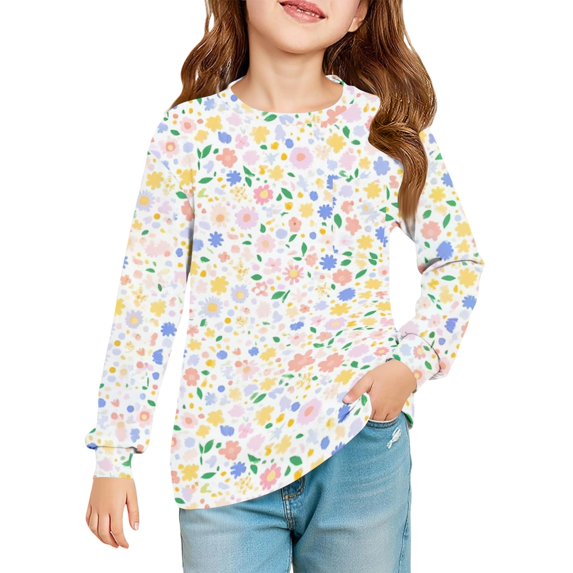 Abcomgle Long Sleeve T Shirts for Girls 10-12 Crewneck Winter Shirts for Girls Trendy Basic Top for Girls Cute Floral Print Girls Blouses with Pocket