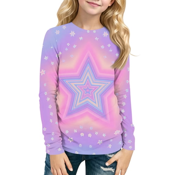 Abcomgle Long Sleeve T Shirts for Girls 10-12 Crewneck Winter T-Shirts for Girls Casual Basic Top for Girls Trendy Stars Graphic Blouses for Girls