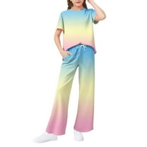 Abcomgle Lounge Sets for Girls 10-12 Girls 2 Piece Outfits Gradient Short Sleeve T-Shirts and Wide Leg Pants Set Cute Casual Girls Activewear Sets,13-14 Years