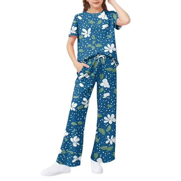 Abcomgle Lounge Sets for Girls 7-8 Girls 2 Piece Outfits Vintage Floral Print Short Sleeve Tee Top and Wide Leg Pants Set Cute Preppy Girls Activewear Sets,7-8 Years