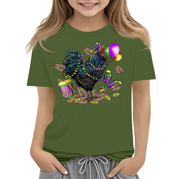 Abcomgle Mardi Gras Shirts for Girls Size 10-12 Carnival Chicken Beads Tee Shirts for Girls Crewneck Short Sleeve T-Shirts for Girls Spring Funny Parade Blouses for Girls