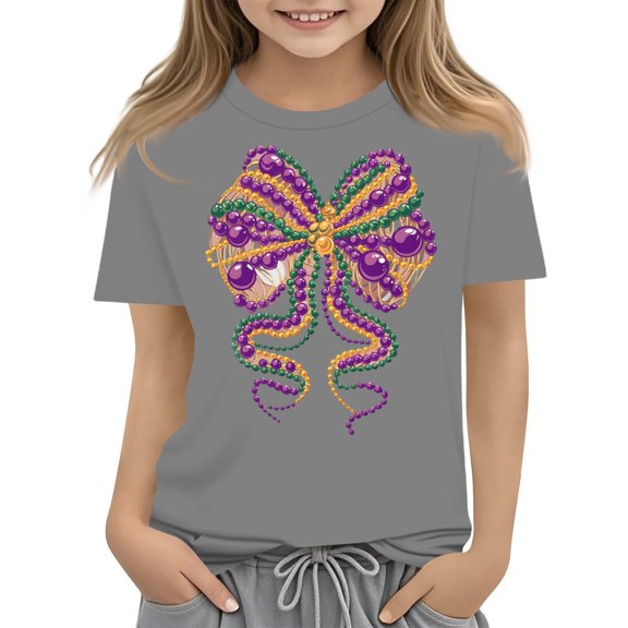Abcomgle Mardi Gras Shirts for Girls Size 14-16 Carnival Bownot Beads T Shirts for Girls Crewneck Short Sleeve T-Shirts for Kid Girls Spring Funny Parade Blouses for Girls